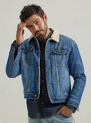 Men's Wrangler Sherpa Lined Denim Jacket in Mid Wash