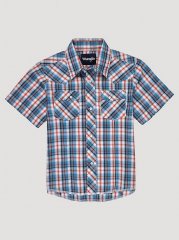 Boy's Short Sleeve Fashion Western Snap Plaid Shirt in Sunset Blue