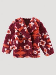 Little Girl's Collared Sherpa Cardigan in Burgundy