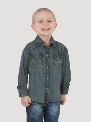 Boy’s Cowboy Cut Long Sleeve Work Western Denim Snap Shirt in Antique Blue