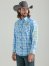 Men's Wrangler Logo Long Sleeve Western Snap Plaid Shirt in Sea Blue