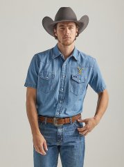 Wrangler x Yellowstone Men's Short Sleeve Chambray Work Shirt in Stonewash Indigo