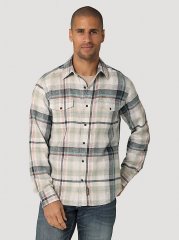 Men's Wrangler Retro Premium Long Sleeve Button Down Plaid Shirt in Off White