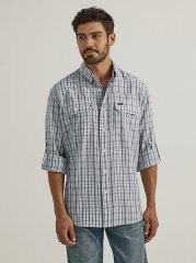 Men's Performance Button Front Long Sleeve Plaid Shirt in Navy Blue