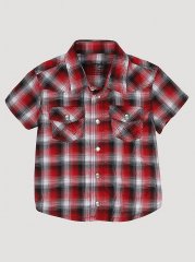 Little Boy Short Sleeve Western Snap Plaid Shirt in Red Maple