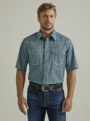 Men's Wrangler 20X Competition Advanced Comfort Short Sleeve Western Snap Print Shirt in Navy Twilight