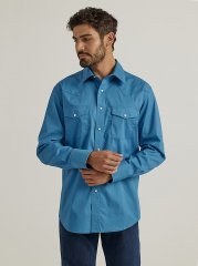 Men's Wrinkle Resist Long Sleeve Western Snap Solid Shirt in Aegean Blue