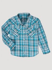 Little Boy Long Sleeve Snap Front Plaid Western Shirt in Seaside Teal